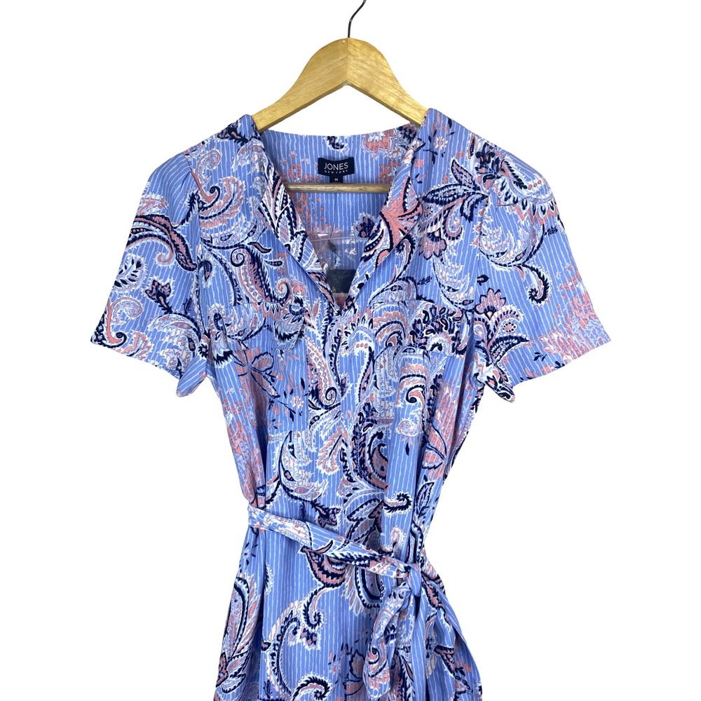 NWT Jones New York M Belted Paisley Midi Dress Pastel Blue Pink Pockets Relaxed - Picture 3 of 8